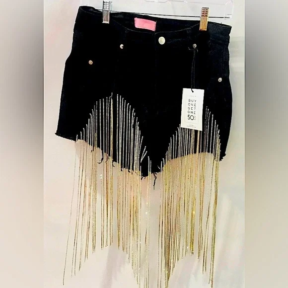 COPY - AZALEA WANG Dolly Rhinestone Fringe Denim Shorts Size XL NWT $90 Sexy Ch… - Picture 1 of 5